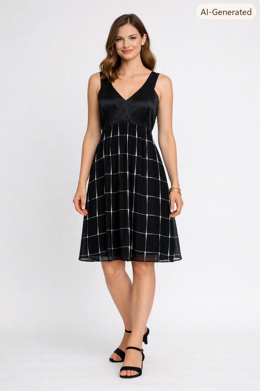 Vintage Express Black Silk Babydoll Dress Plaid Skirt Sz Medium